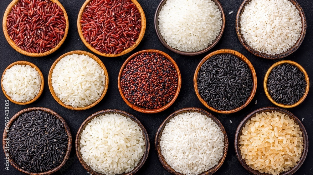 Assortment of Rice Varieties in Bowls on Black Background Assortment of Rice Varieties in Bowls on Black Background