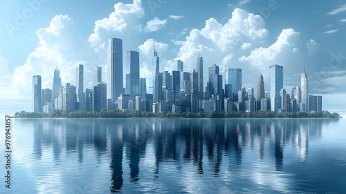 A modern city skyline with skyscrapers reflected in the calm water of a lake or ocean under a blue sky with white clouds.