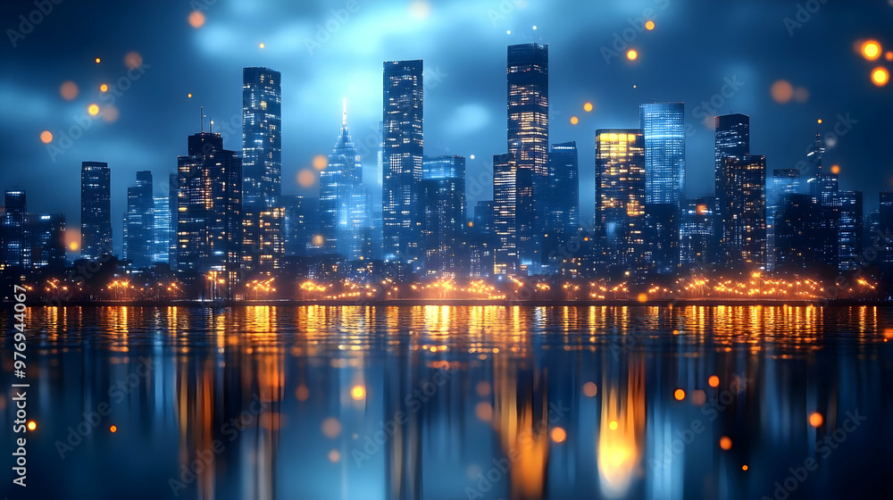 Obraz premium A modern cityscape at night with glowing lights and a reflection in the water.