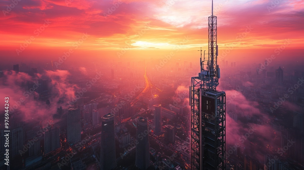 Naklejka premium The tall, freestanding mobile tower is located in the center of urban areas, with an aerial view of city buildings at sunset.
