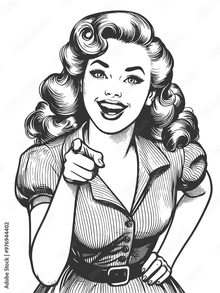 cheerful woman with curled hair laughing and pointing her finger directly at the viewer in playful manner sketch engraving generative ai fictional character raster illustration. Black and white image