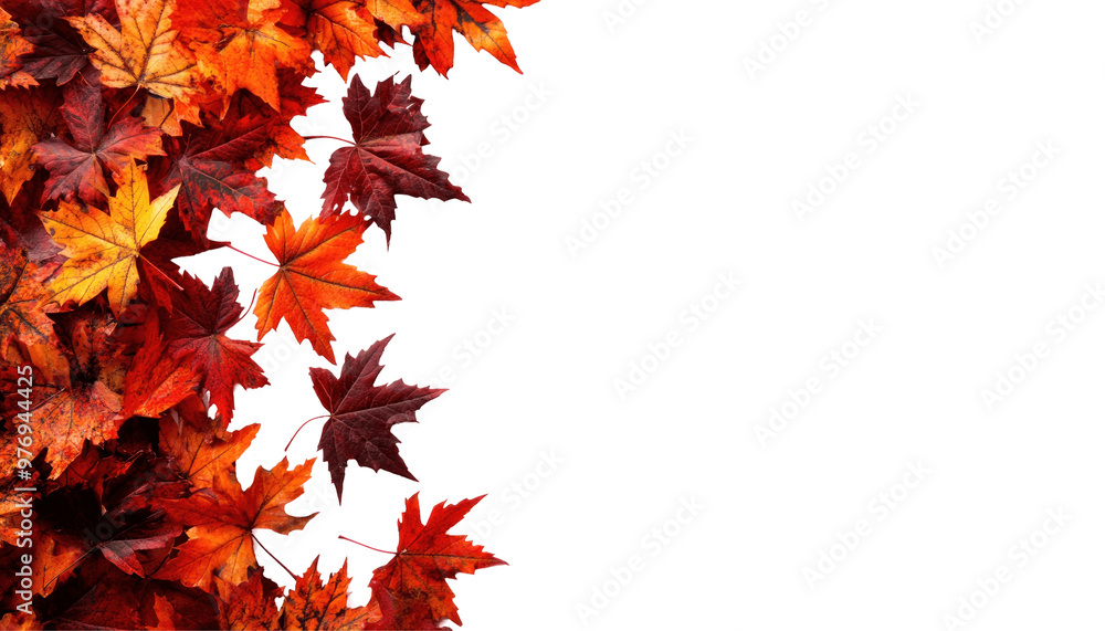 A collection of red and orange autumn leaves against a green background. A collection of red and orange autumn leaves against a green background.