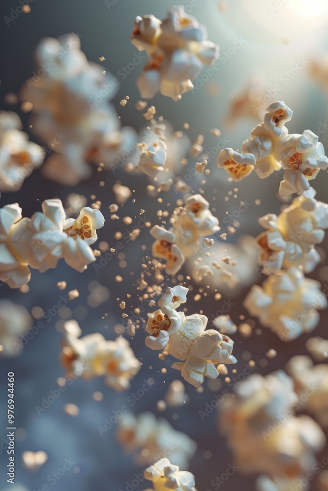 Close-Up of Popcorn Kernels Floating with Bokeh Background in Motion Close-Up of Popcorn Kernels Floating with Bokeh Background in Motion