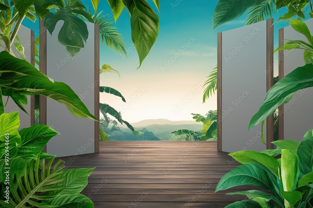 Fototapeta premium Serene 3D Panel Design with Lush Jungle Leaves for Tranquil Landscape Visualization
