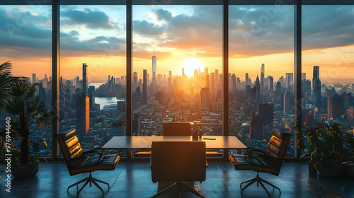 A modern office with a large window overlooking the city skyline at sunset. photo