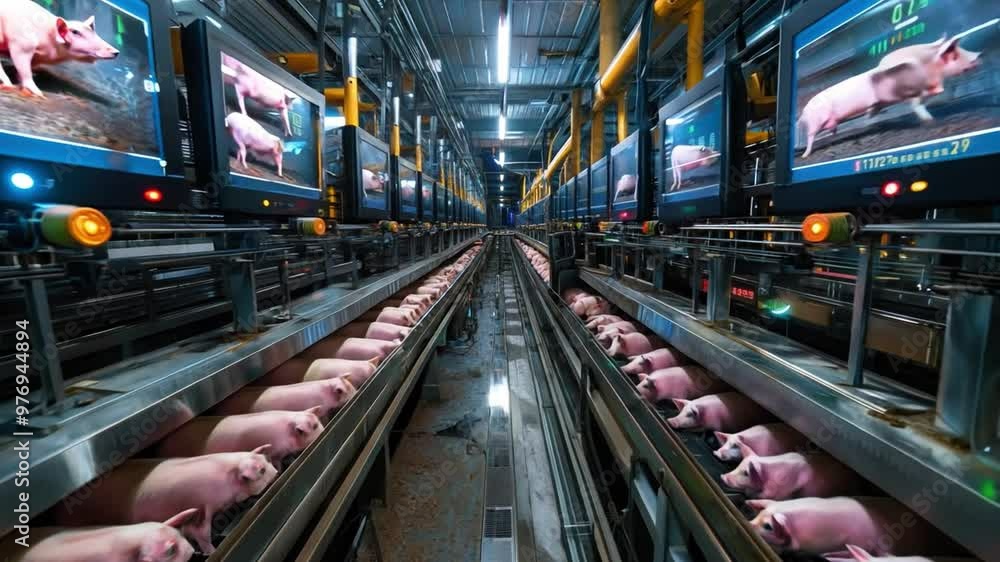 Pigs in automated feeding stations, with data analytics displayed on overhead monitors. Pigs in automated feeding stations, with data analytics displayed on overhead monitors.