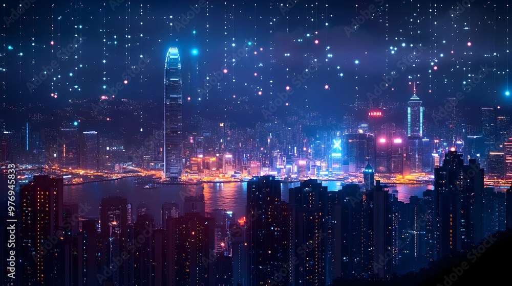 A night view of a city skyline with many skyscrapers illuminated with colorful lights. The city is reflected in the water, and there is a starry sky with a digital rain effect. A night view of a city skyline with many skyscrapers illuminated with colorful lights. The city is reflected in the water, and there is a starry sky with a digital rain effect.