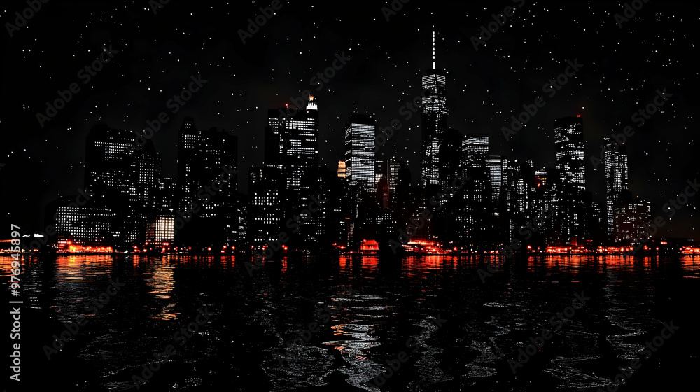 A nighttime cityscape with a starry sky and reflections of lights in the water. A nighttime cityscape with a starry sky and reflections of lights in the water.