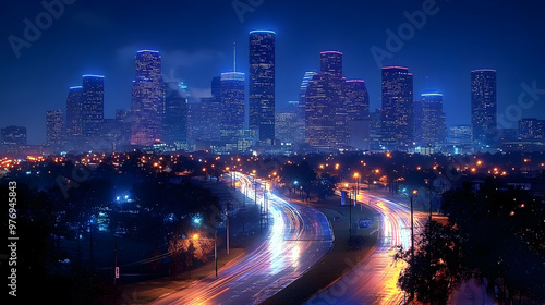 A night view of a city skyline with skyscrapers lit up in the distance and car lights streaking through the streets below.