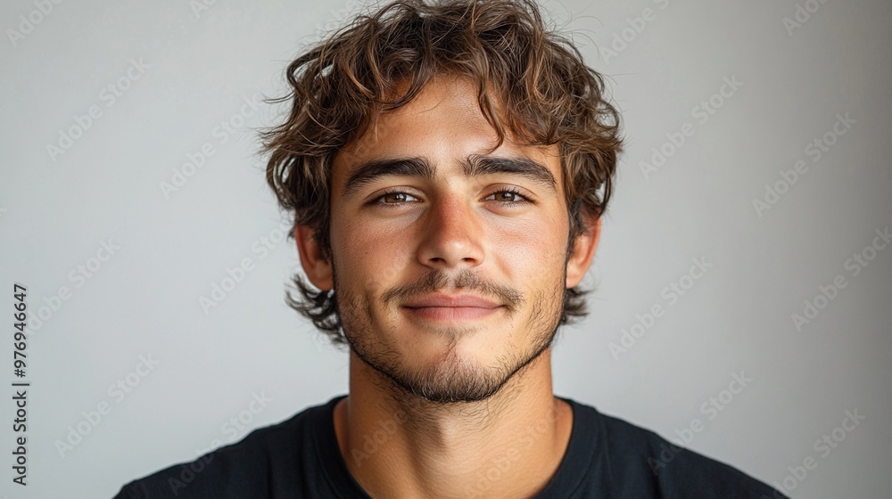Confident Gaze: A portrait of a young man with curly hair and a captivating smile, exuding confidence and approachability. Confident Gaze: A portrait of a young man with curly hair and a captivating smile, exuding confidence and approachability.