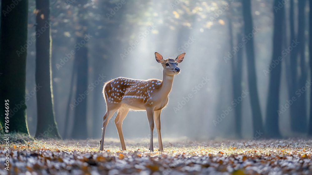 Naklejka premium A graceful deer standing in a misty forest clearing.