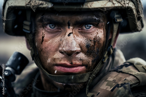 Closeup portrait of soldier in uniform and armor during a battle generative ai