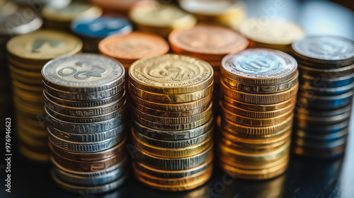 A pile of coins with different colors and sizes. The coins are stacked on top of each other, creating a visually interesting and diverse display. Concept of abundance and variety