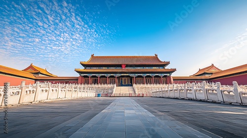 The Forbidden City in Beijing, China, with its iconic red walls and yellow roofs. photo