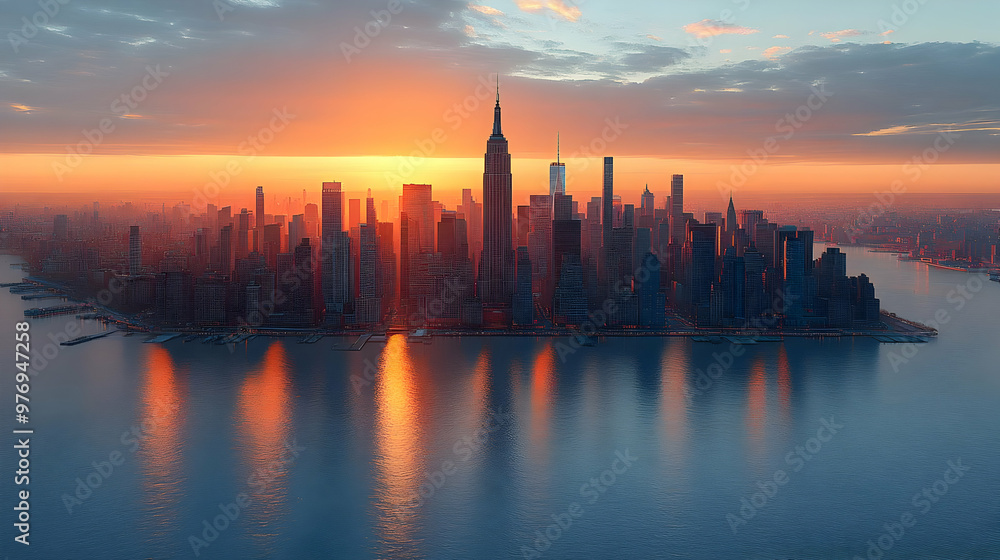 A panoramic aerial view of a modern city skyline with skyscrapers during a vibrant sunrise A panoramic aerial view of a modern city skyline with skyscrapers during a vibrant sunrise