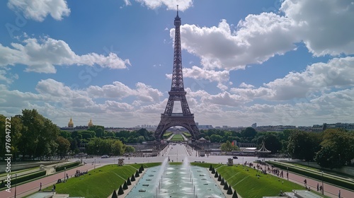 A shot of the Eiffel Tower from the Trocad Gardens, with the lush greenery and fountains providing a picturesque foreground. photo