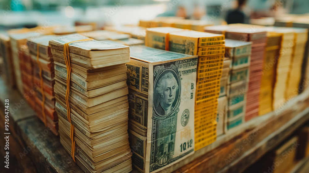 Fototapeta premium A pile of money is on a table with a green one in the middle. The money is tied with rubber bands
