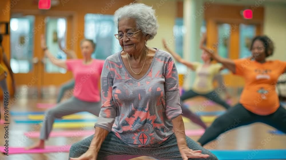 A group of older women participating in a yoga class at a community center, promoting health and well-being. A group of older women participating in a yoga class at a community center, promoting health and well-being.