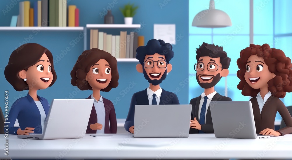 A group of people are sitting around a table with laptops open. They are all smiling and seem to be having a good time. Scene is positive and friendly, as the people are working together A group of people are sitting around a table with laptops open. They are all smiling and seem to be having a good time. Scene is positive and friendly, as the people are working together
