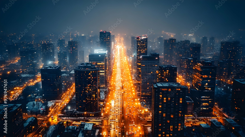 A panoramic night view of a city with a long street lined with lights, surrounded by tall buildings and fog. A panoramic night view of a city with a long street lined with lights, surrounded by tall buildings and fog.