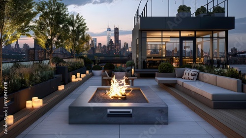 A sleek  contemporary firepit with a minimalist design  situated in a chic urban rooftop garden  providing warmth and ambiance with a view of the city skyline