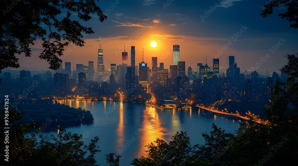 A panoramic sunrise over a cityscape, framed by trees and a river reflecting the golden light. A panoramic sunrise over a cityscape, framed by trees and a river reflecting the golden light.