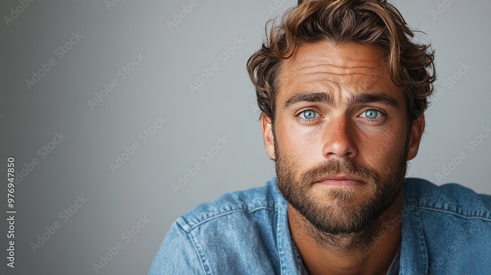 Intense Gaze: Close-up portrait of a handsome young man with blue eyes and a beard, staring directly at the camera with a serious expression. The image exudes confidence and determination. Intense Gaze: Close-up portrait of a handsome young man with blue eyes and a beard, staring directly at the camera with a serious expression. The image exudes confidence and determination.