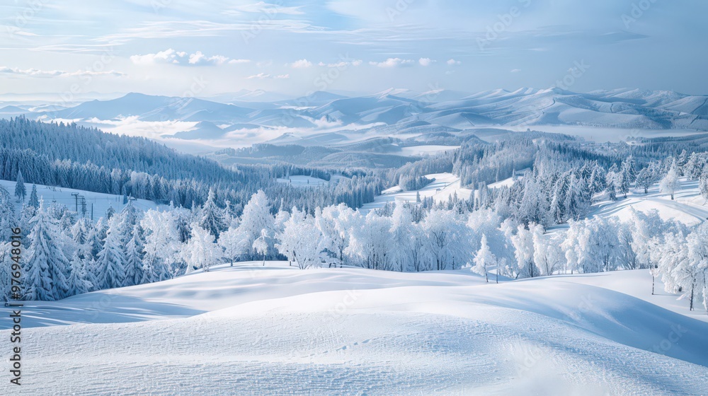 A snow-covered winter landscape featuring a scenic overlook of rolling hills and valleys blanketed in white A snow-covered winter landscape featuring a scenic overlook of rolling hills and valleys blanketed in white