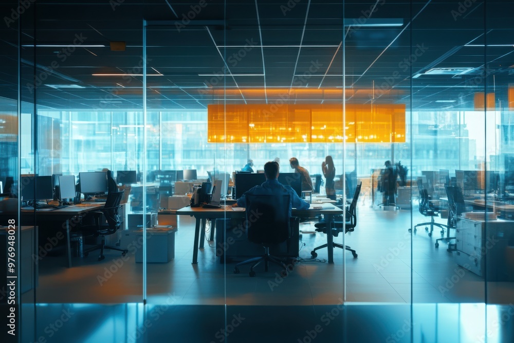 Open-plan office with modern glass walls and workstations Open-plan office with modern glass walls and workstations