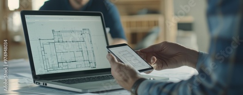 A man is holding a cell phone and laptop in front of him. He is looking at the laptop screen, which has a drawing of a building on it