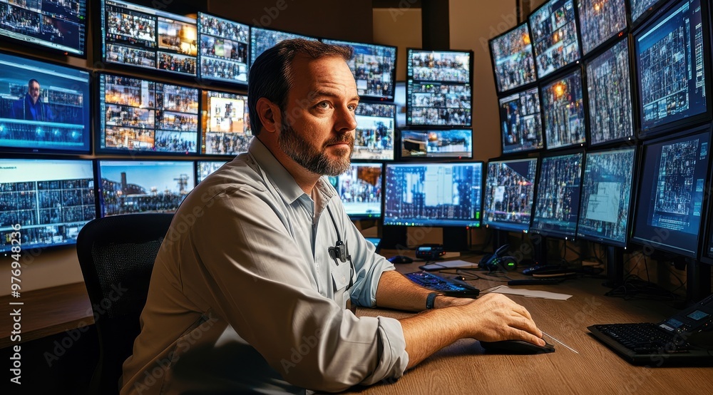 A man is sitting at a desk with multiple computer monitors in front of him. He is focused on his work and he is in a serious mood A man is sitting at a desk with multiple computer monitors in front of him. He is focused on his work and he is in a serious mood