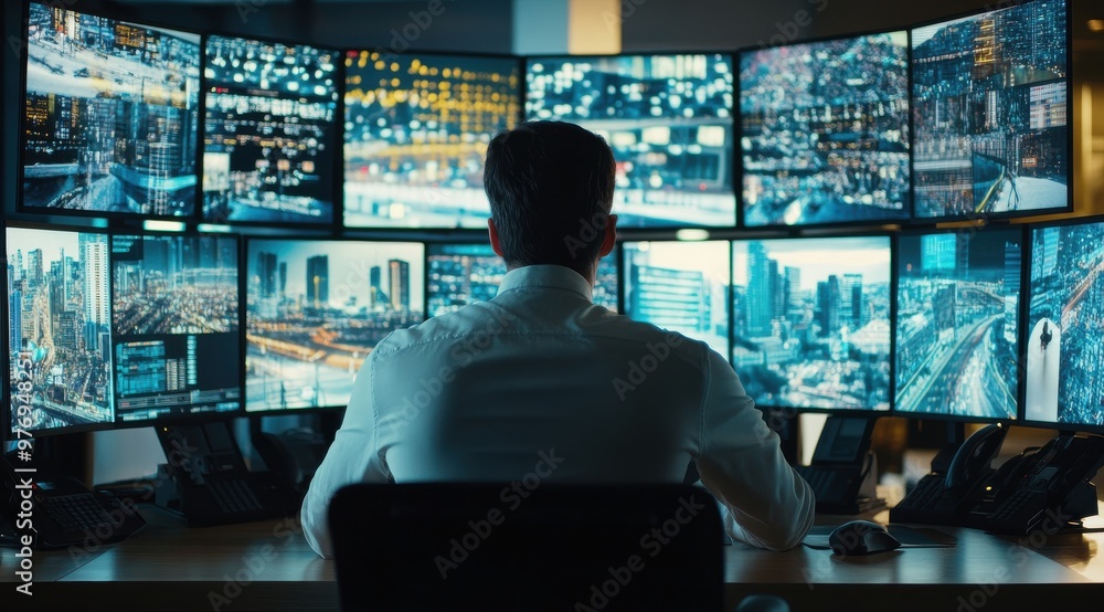 A man is sitting in front of a computer monitor with many screens. He is focused on the screens and he is working. Concept of concentration and productivity A man is sitting in front of a computer monitor with many screens. He is focused on the screens and he is working. Concept of concentration and productivity
