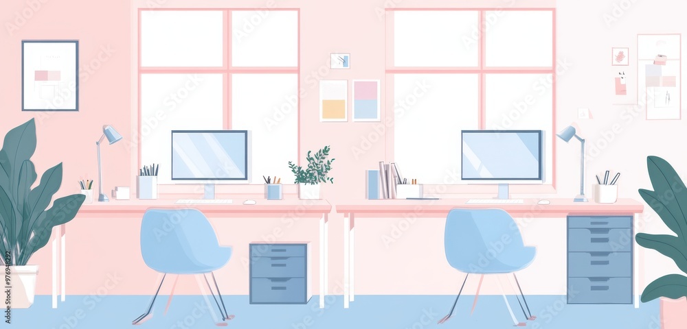 A cartoon drawing of a pink office with two desks and two chairs. There are two monitors on each desk. The room is decorated with plants and has a bright, cheerful atmosphere A cartoon drawing of a pink office with two desks and two chairs. There are two monitors on each desk. The room is decorated with plants and has a bright, cheerful atmosphere