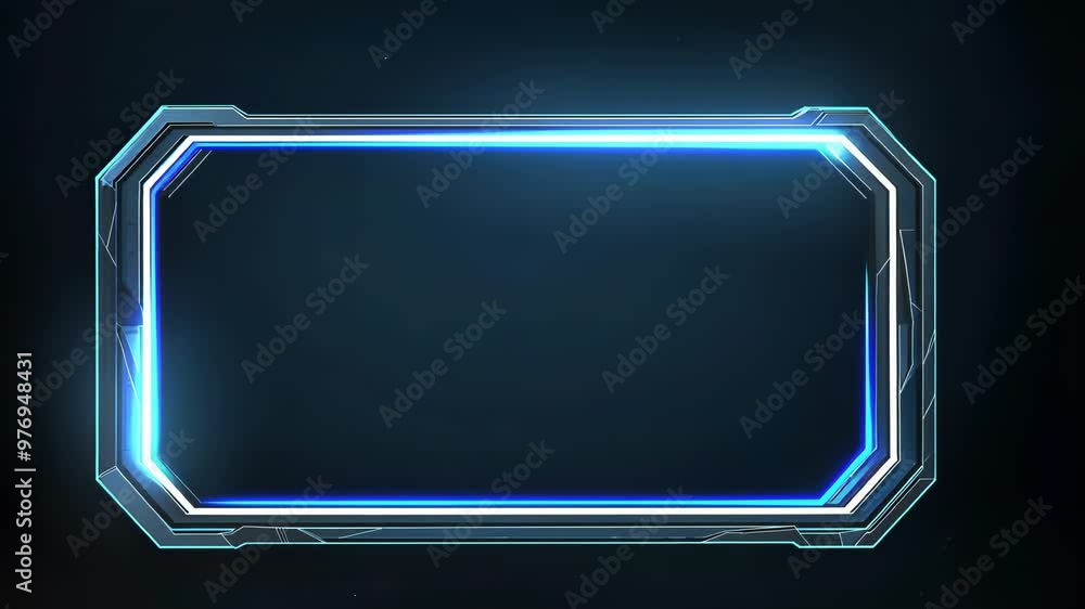Futuristic glowing blue neon frame on dark background, sci-fi user interface design element, high-tech digital display concept