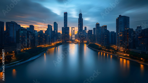 Wallpaper Mural A panoramic view of a city skyline at dawn, with tall buildings reflected in the calm water of a river or lake. The sky is a mix of blue, orange, and purple hues. Torontodigital.ca