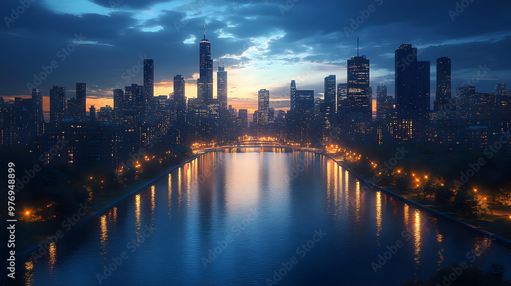 Fototapeta premium A panoramic view of a city skyline at dusk, with a long, narrow body of water in the foreground