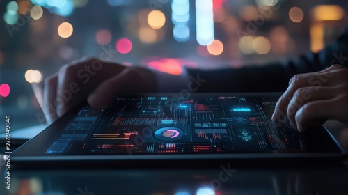 A software engineer employs a digital tablet to work with big data, combining AI and advanced digital technology for effective data science applications