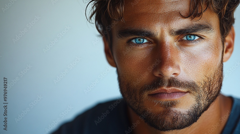 Intense Gaze: A close-up portrait of a handsome man with piercing blue eyes and a ruggedly handsome face. The image captures the allure of masculinity and the power of a focused gaze, conveying a sens Intense Gaze: A close-up portrait of a handsome man with piercing blue eyes and a ruggedly handsome face. The image captures the allure of masculinity and the power of a focused gaze, conveying a sens