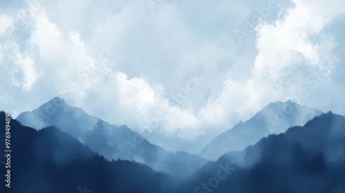 Majestic Mountain Landscape with Misty Clouds and Peaks