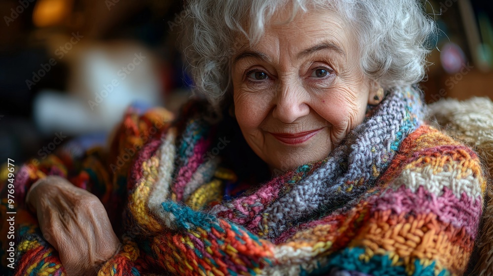 Portrait of a Senior Woman Wrapped in a Colorful Knit Blanket Portrait of a Senior Woman Wrapped in a Colorful Knit Blanket