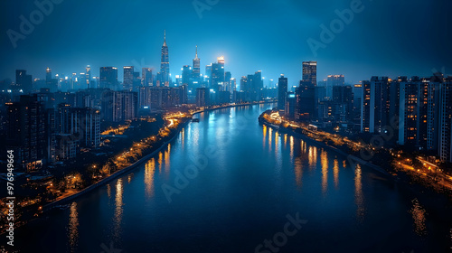 Wallpaper Mural A panoramic view of a city skyline at night with a river flowing through it. The city is illuminated by streetlights and buildings, reflecting in the water. Torontodigital.ca