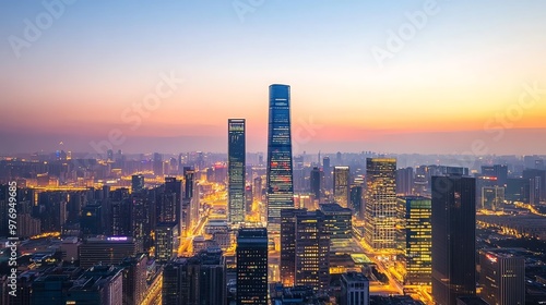 Wallpaper Mural An aerial view of a city at dusk, with skyscrapers and a beautiful sunset. Torontodigital.ca