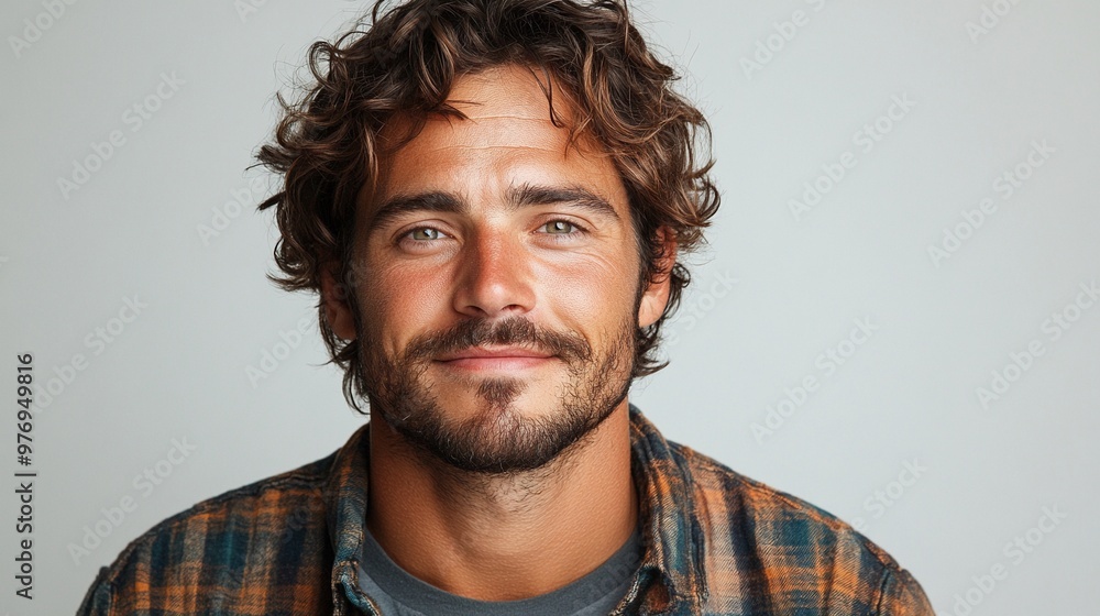 Confident and Casual: A handsome man with a charming smile and a rugged beard, wearing a plaid shirt, exudes confidence and a relaxed demeanor. His expressive eyes and warm gaze convey a sense. Confident and Casual: A handsome man with a charming smile and a rugged beard, wearing a plaid shirt, exudes confidence and a relaxed demeanor. His expressive eyes and warm gaze convey a sense.