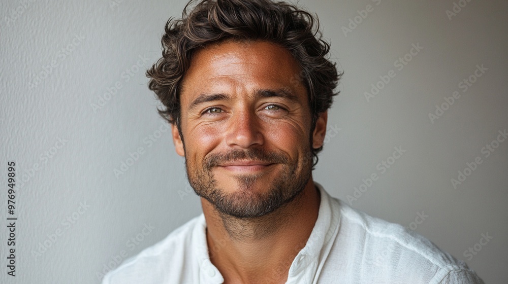 Confident Man Smiling: A handsome man with a warm smile and tousled hair radiates charm and approachability. His relaxed demeanor and genuine expression convey confidence and optimism. Perfect for sho Confident Man Smiling: A handsome man with a warm smile and tousled hair radiates charm and approachability. His relaxed demeanor and genuine expression convey confidence and optimism. Perfect for sho