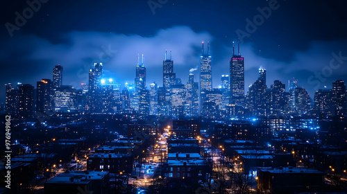 Wallpaper Mural A panoramic view of a city skyline at night with bright lights and clouds. Torontodigital.ca