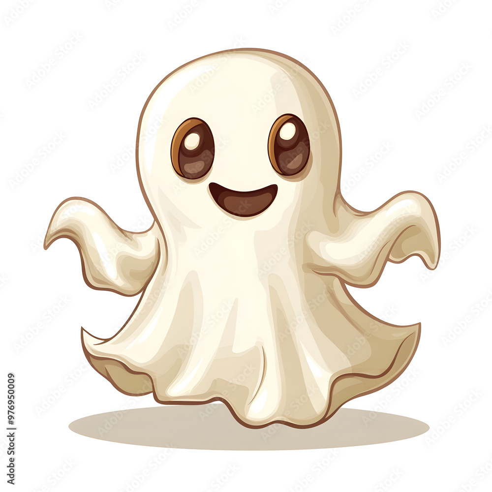 Cute Cartoon Ghost Floating Happily on White Background for Halloween Cute Cartoon Ghost Floating Happily on White Background for Halloween
