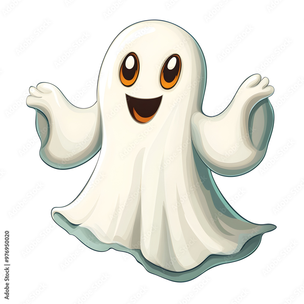 Cheerful Cartoon Ghost Character Floating on White Background in Halloween Theme Cheerful Cartoon Ghost Character Floating on White Background in Halloween Theme