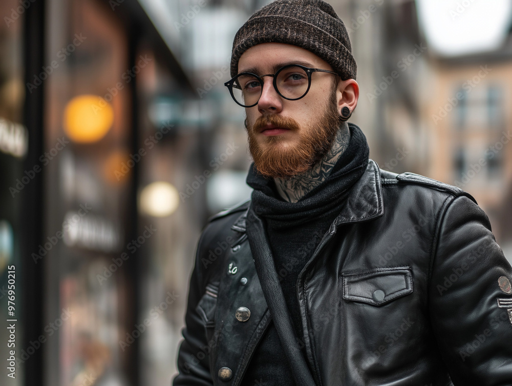 young man in leather jacket, scarf, knitted hat walking along city street young man in leather jacket, scarf, knitted hat walking along city street