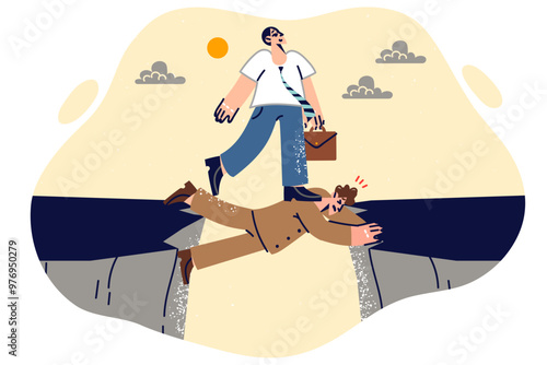 Business man exploits subordinate to achieve goals, walks over employee hanging over cliff