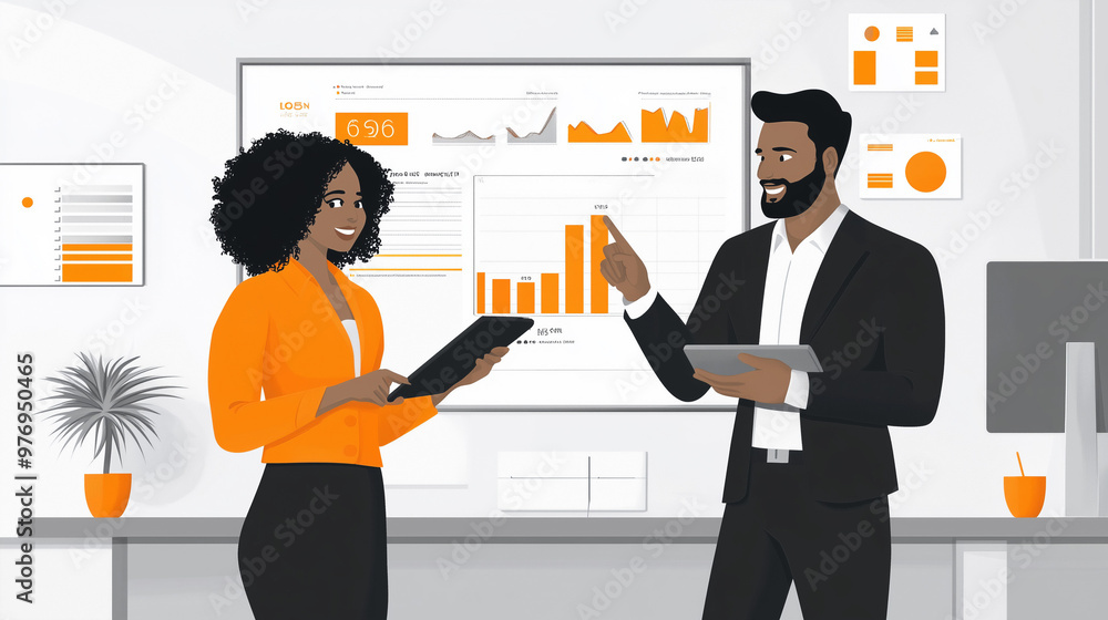 Two business professionals collaborating in a modern office, using digital tablets and reviewing data charts. Ideal for concepts like teamwork, business strategy, and technology-driven solutions. Two business professionals collaborating in a modern office, using digital tablets and reviewing data charts. Ideal for concepts like teamwork, business strategy, and technology-driven solutions.